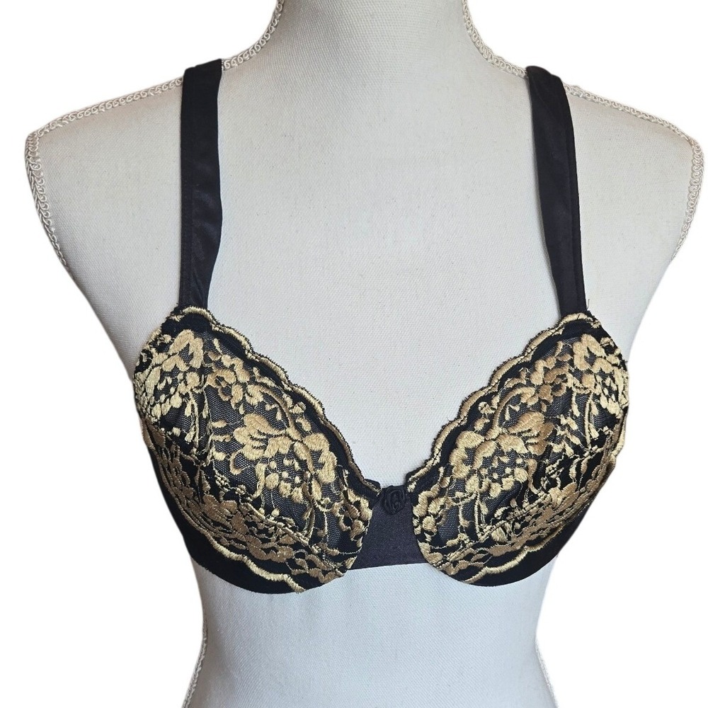 Vintage Sears Unlined Bra 34B Black Gold Lace Rosette Underwire Satin Embroidery